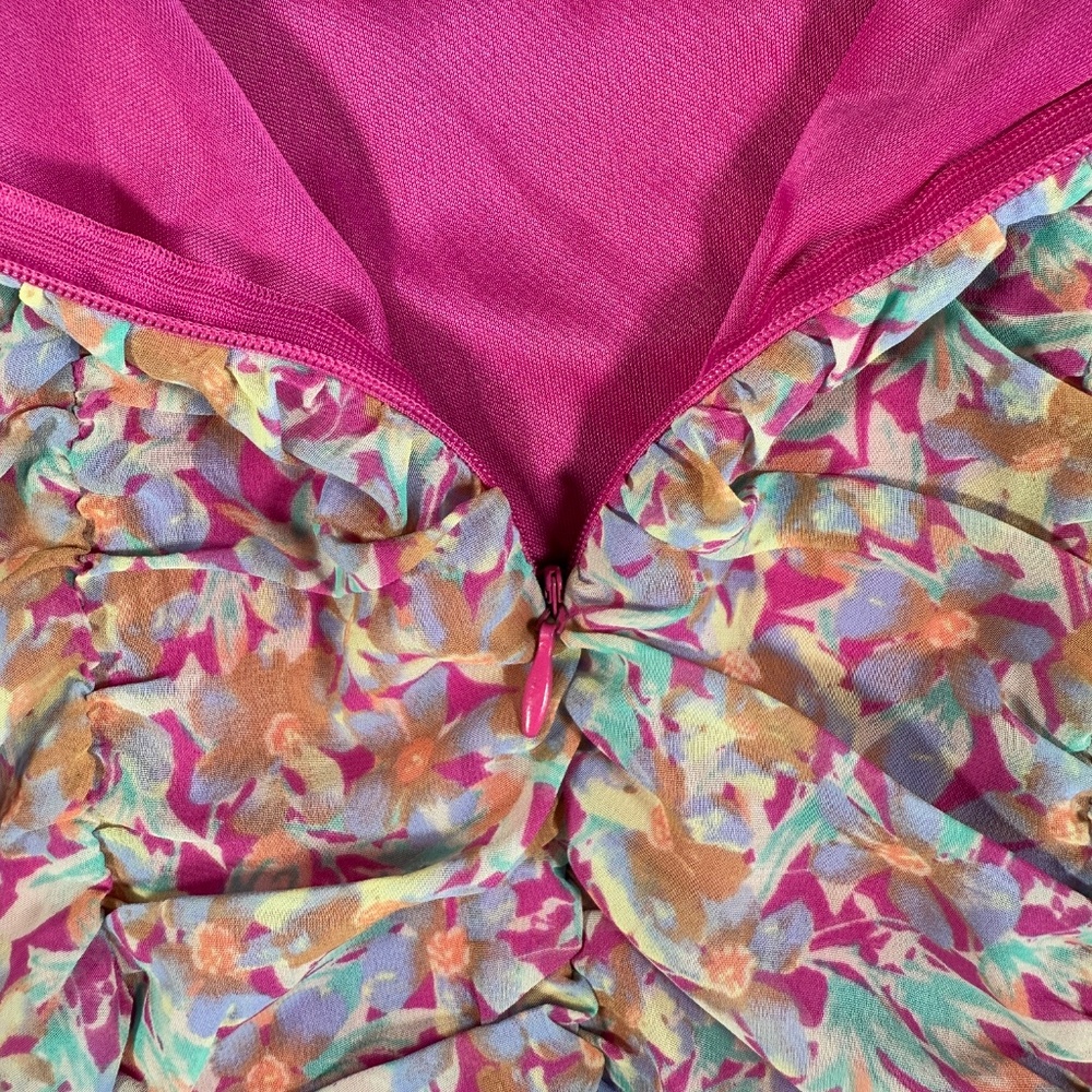 Lush Dress Womens Medium Floral Multicolor Ruched Puff Sleeve Sweetheart Mini - Picture 8 of 12